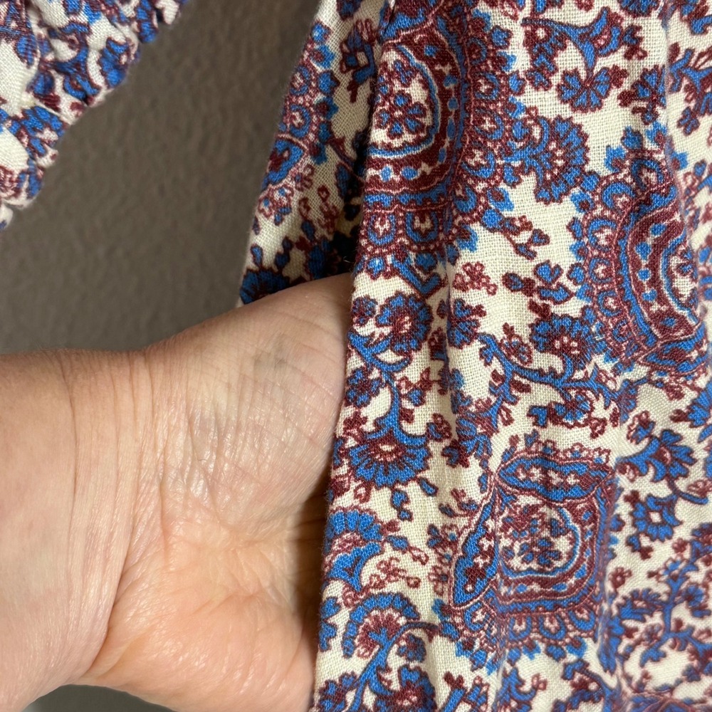 J. Crew Palermo Linen Smocked Waist Dress Size S Blue Red Floral Bouquet Cottage - Picture 6 of 10